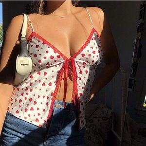 Satin red heart pattern ribbon crop top lingerie